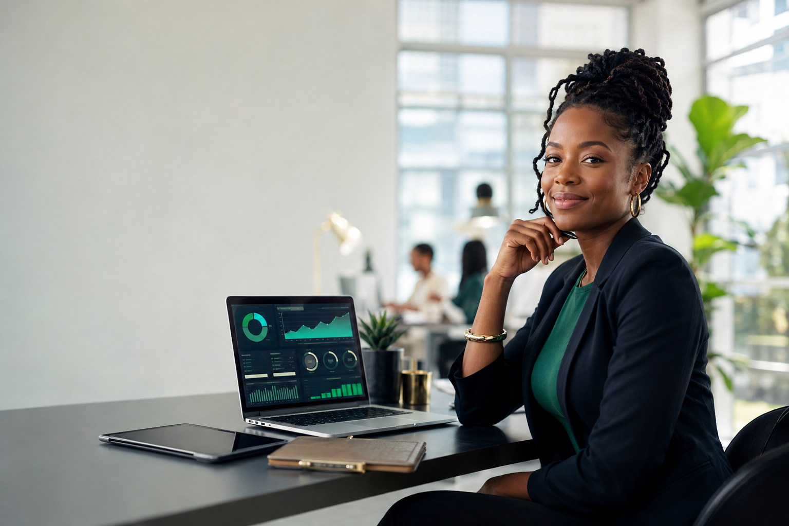 Financial education entrepreneur operating her Financial Builder business from a modern office